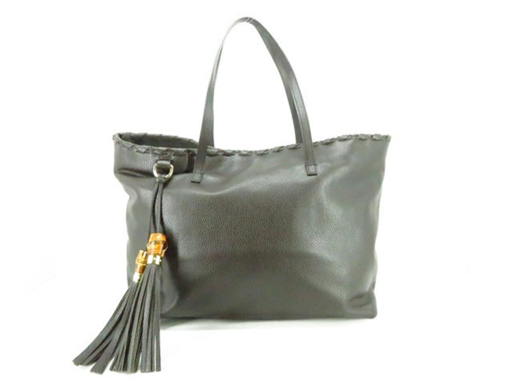 Gucci Tote Bag Bamboo Tassel Calfskin Dark Brown